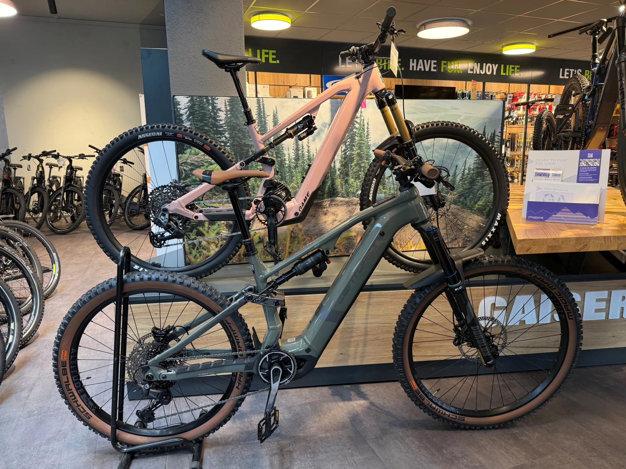 Zwei Mountainbikes in einem Fahrradgesch&auml;ft ausgestellt, eines in Grau-Blau und eines in Orange-Gelb.